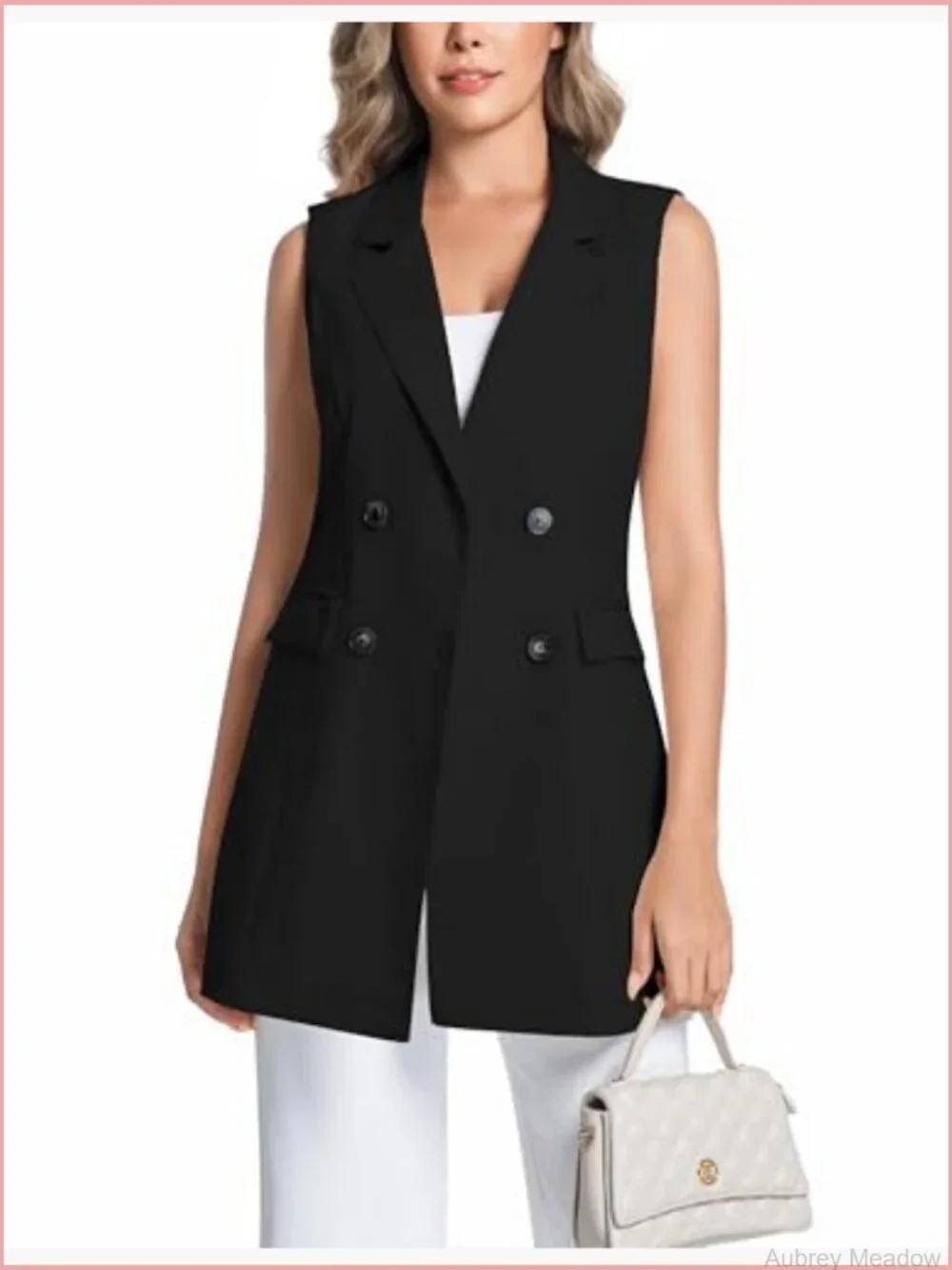 Sleeveless Long Vest Notch Lapel Double Breasted Cotton Linen Blazer Jacket